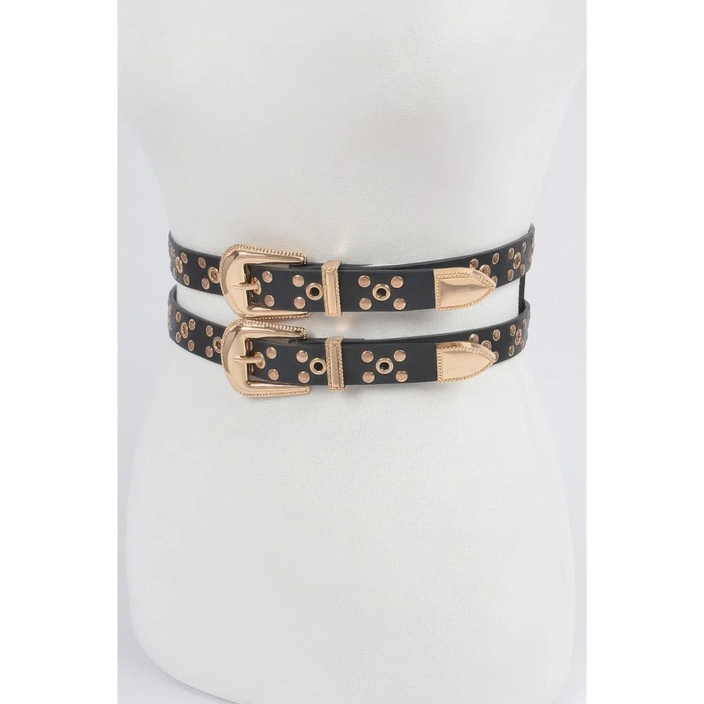 Double Buckle Belt Womens OS Black New Western Studded Eyelet
